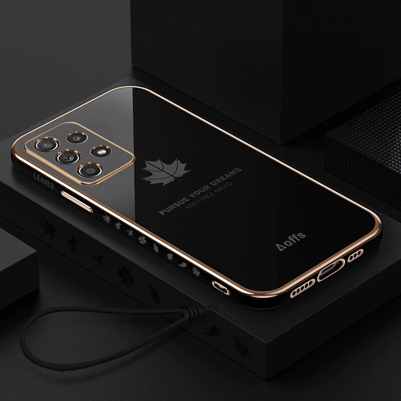 Силиконовый чехол для Samsung A23 5G с лентой - классический черный дизайн с кленовым листом