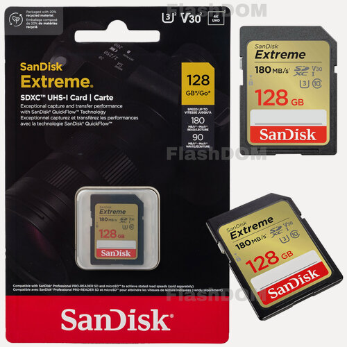 Изображение товара Карта памяти SanDisk Extreme SDXC 128 ГБ Class 10 UHS-I U3 V30 (R/W 180/90 Mb/s)