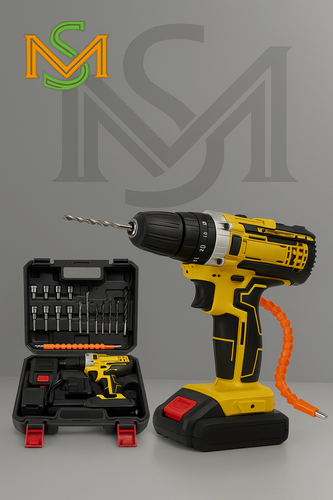 Изображение товара Дрель-шуруповерт желтый с двумя аккумуляторами 2А, с набором и кейсом в комплекте