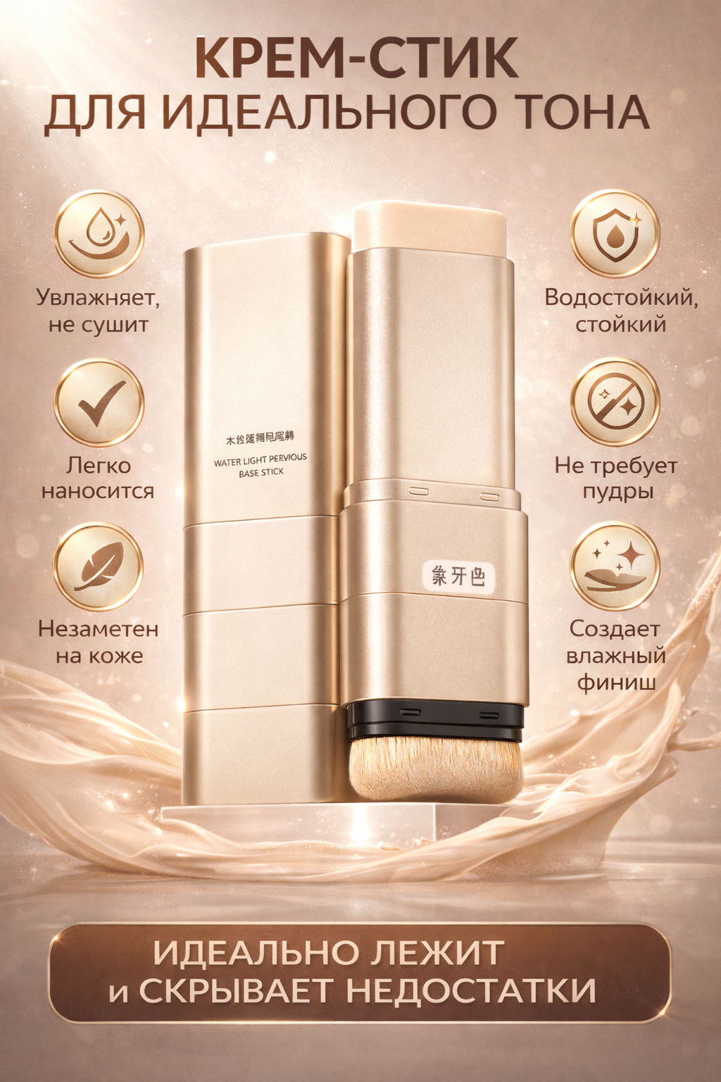 Крем-стик 2-в-1 "Водостойкий", для лица, тон выравнивает, с кистью тон 1