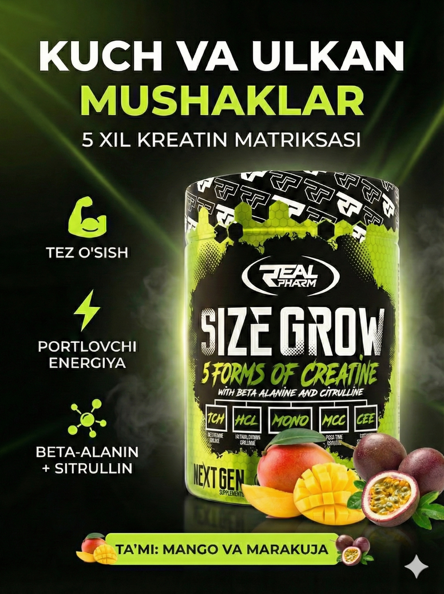 REAL PHARM Size Grow 675 г Манго-Маракуйя — порошковый комплекс для набора мышечной массы