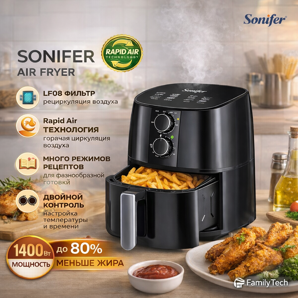 Аэрофритюрница Sonifer SF-1011, 1400 Вт, 4.2 л, регулируемая температура до 200 °C