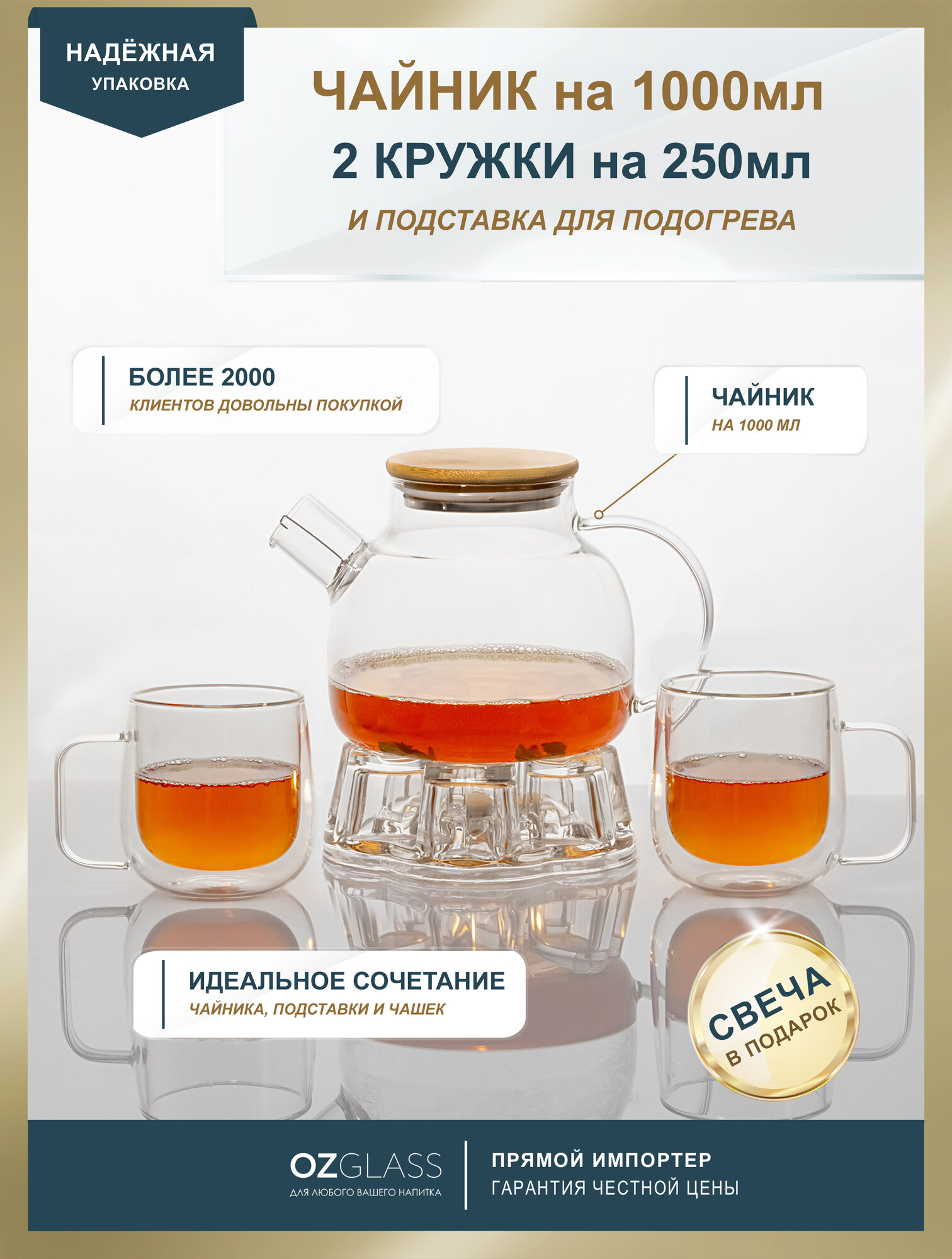 Набор посуды Essentea , заварочный чайник 1л, 2 кружки 250мл, подставка для подогрева