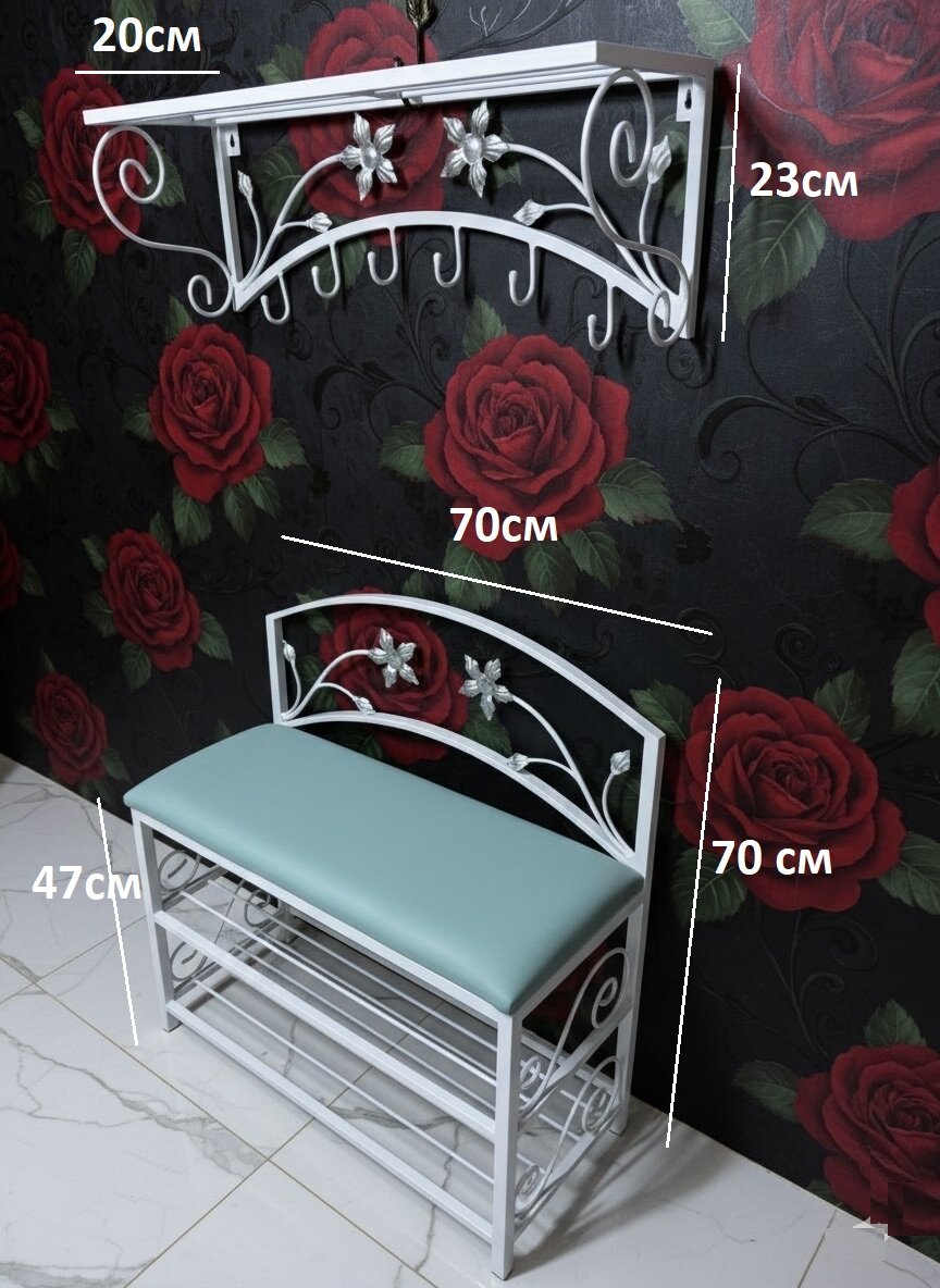 Кованая прихожая, вешалка + банкетка, Студия кованой мебели Нива, цвет белый/голубой — фото 1