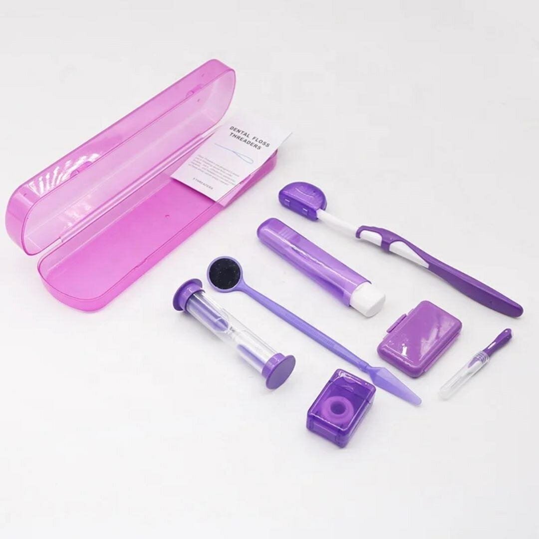 Дорожный стоматологический набор для ухода за зубами, футляр, зубная щетка, нить, зеркало, таймер