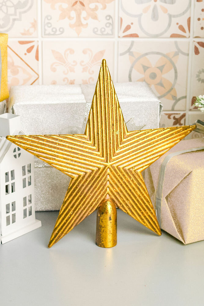 Ёлочная верхушка звезда антик, пластиковая, золотая, 19 см, Kaemingk 521158