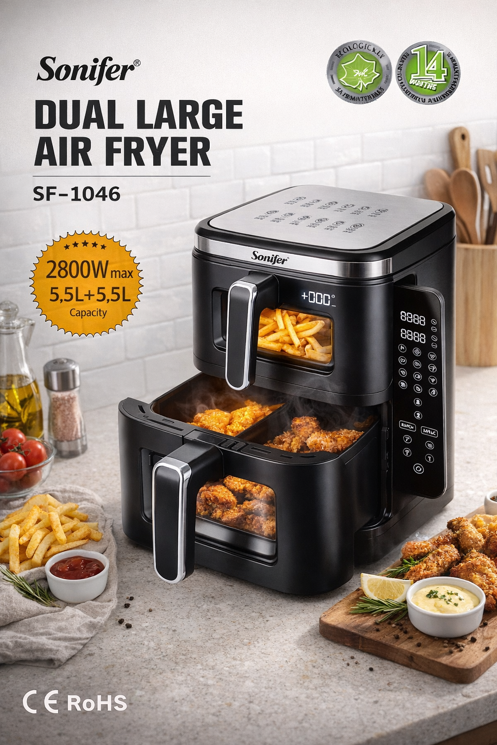 Аэрогриль Sonifer Dual Large SF-1046, электронное управление, 2 чаши, 11л