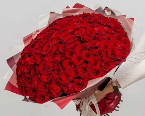 Изображение товара Букет цветов 101 красные розы Эквадор, живые цветы, премиальный букет