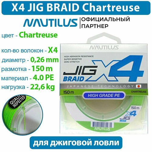 Шнур Nautilus X4 Jig Braid Chartreuse d-0.26мм 22.6кг 4,0PE 150м