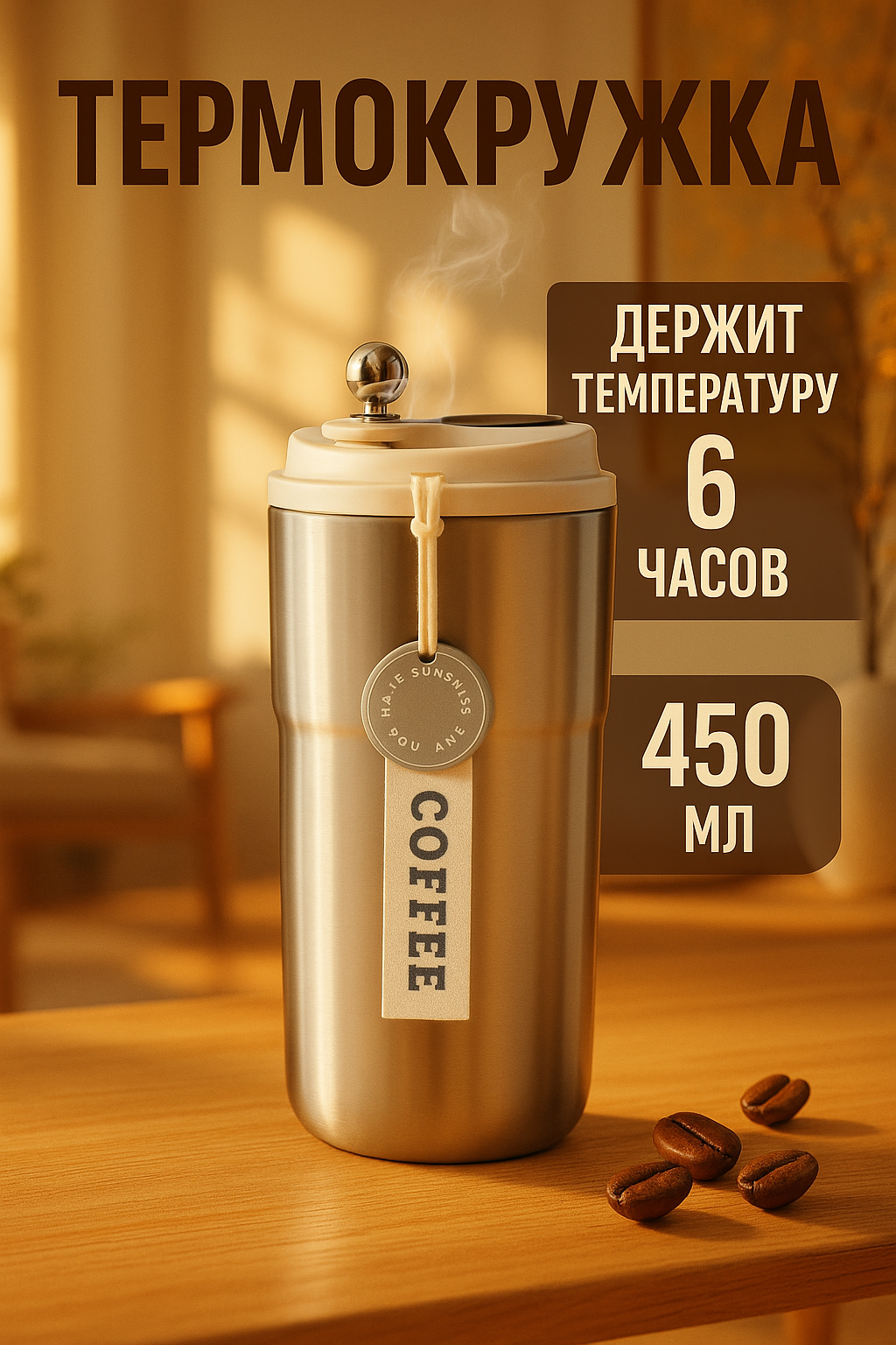 Термокружка Coffee, 450 мл, сохраняет тепло до 6 ч, термометр