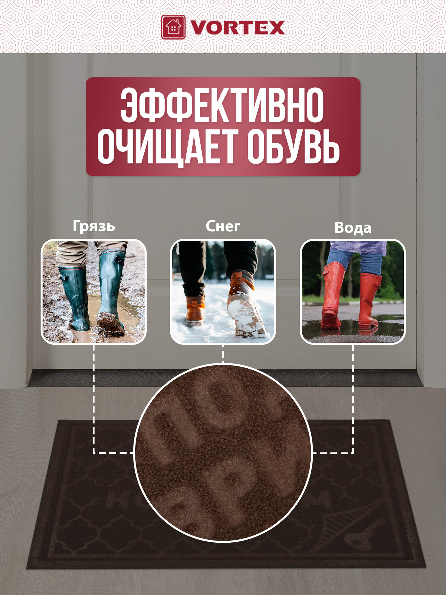 Коврик придверный противоскользящий "COMFORT" 40*60 см, "Ключ под ковриком"коричневый VORTEX — фото 1