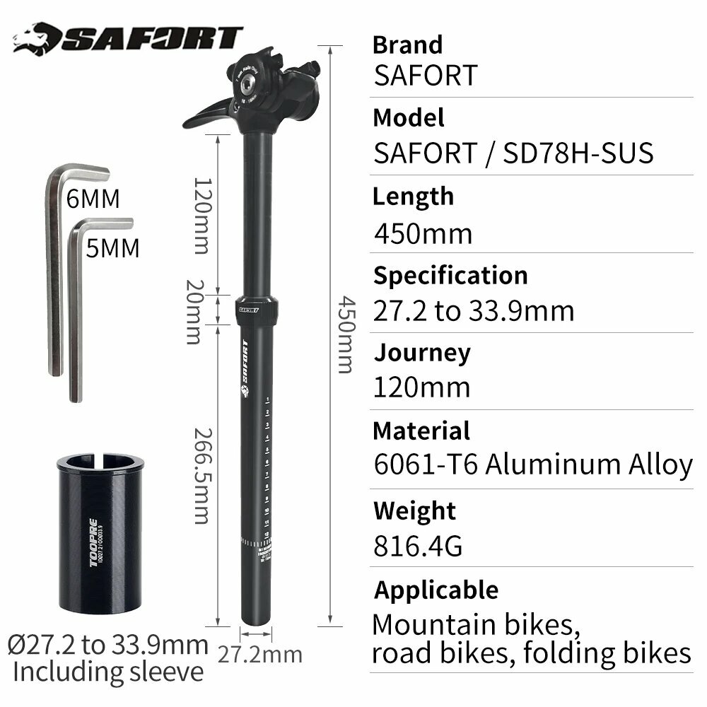 SAFORT Bike Dropper подседельный штырь 450 мм 120 ходов, 27.2 to 33.9mm