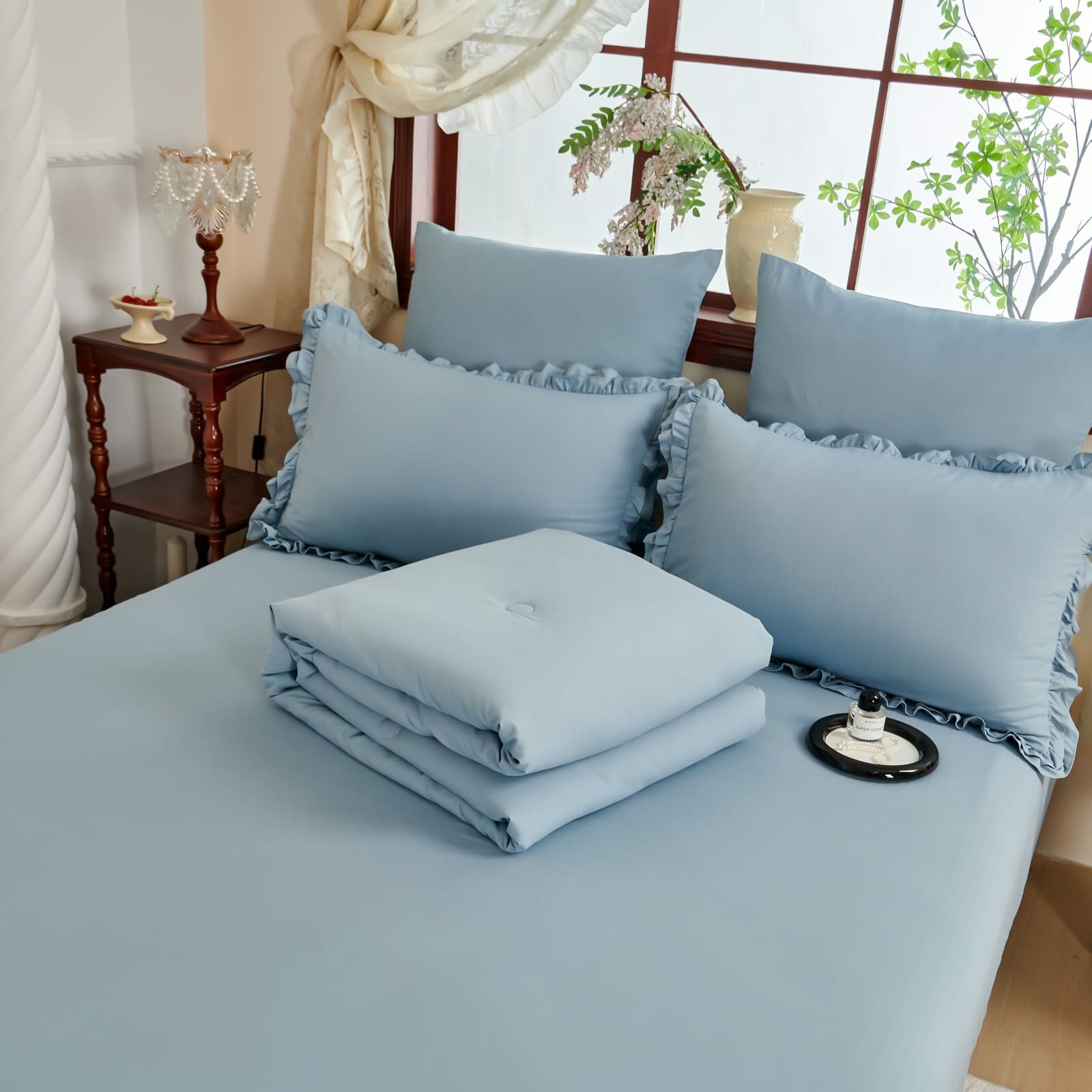 Постельное белье с одеялом евро, бархатный сатин, хлопок Рюши — фото 1