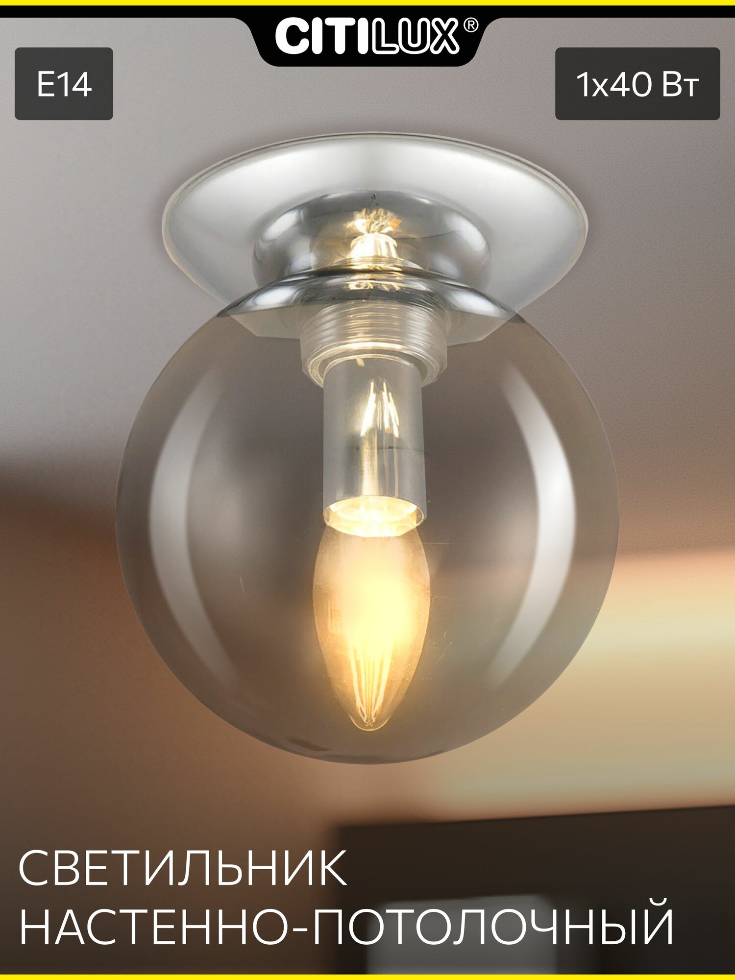 Настенно-потолочный светильник Citilux Томми CL102510 1 плафон хром стекло дымчатое Е14