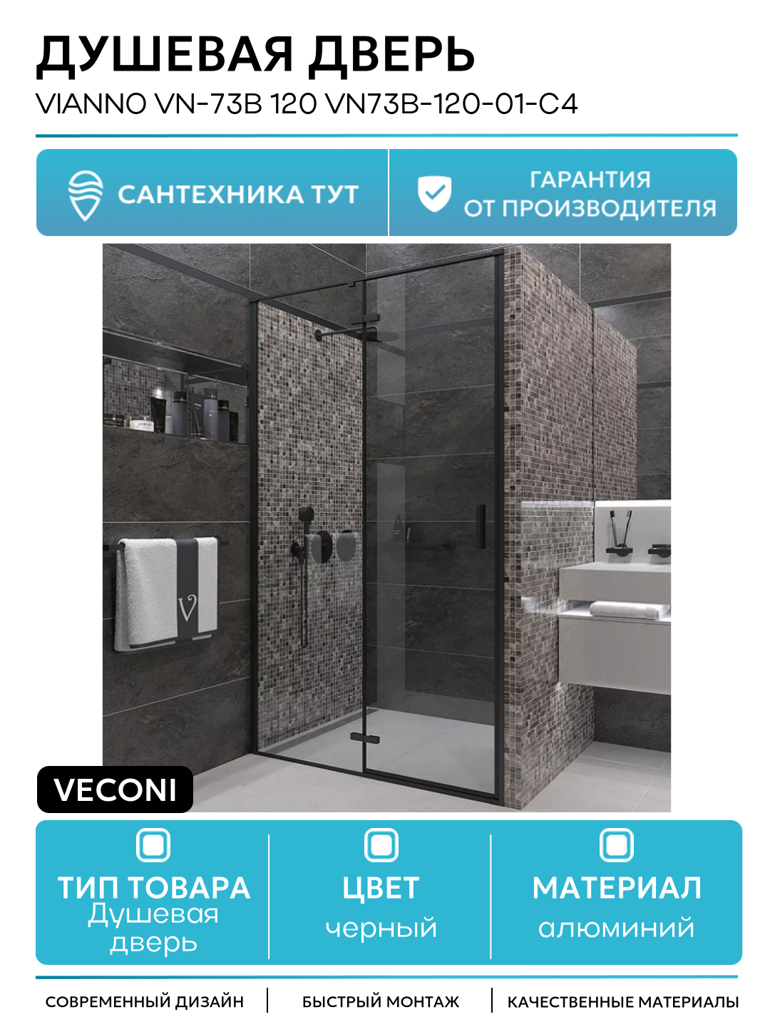 Душевая дверь Veconi Vianno VN-73B 120 VN73B-120-01-C4 профиль Черный матовый стекло прозрачное алюминий черный Италия