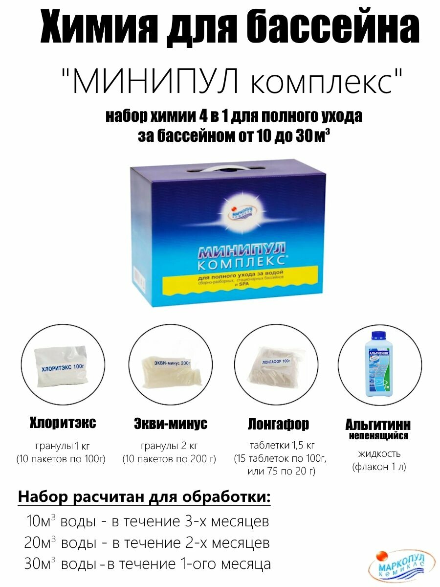 Минипул комплекс 55кг коробка набор химии 5 в 1 для полного ухода за бассейном от 10 до 30м3