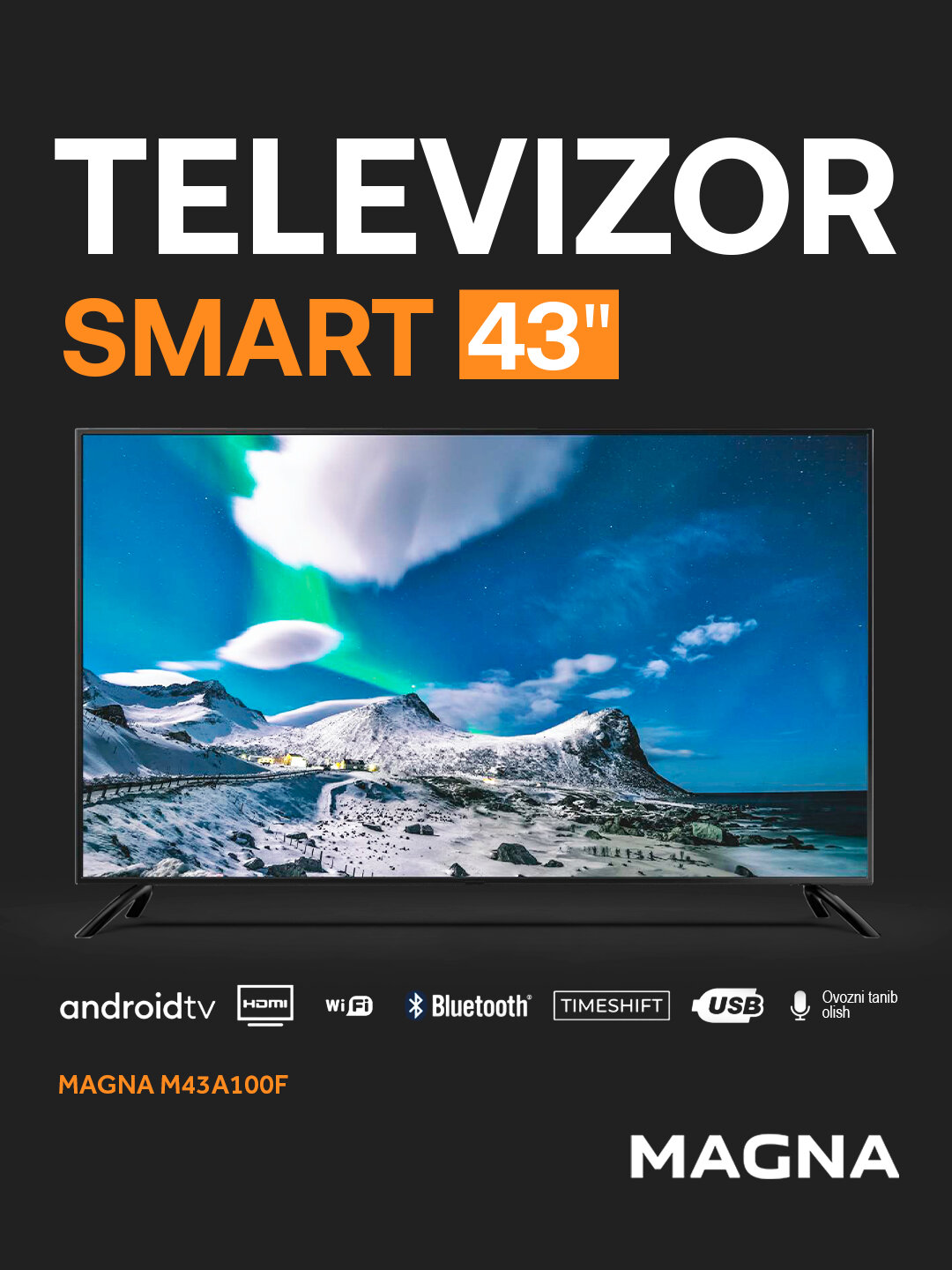 Телевизор MAGNA M43A100F, Full HD, 43", Android, голосовое управление, Time Shift