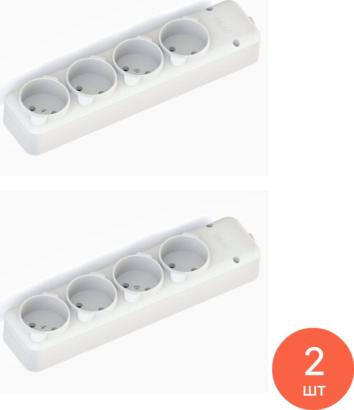 Блок розеток NE-AD 4 гнезда 10А 250В 3500Вт без заземления белый 3019-K / колодка электрическая для удлинителя (комплект из 2 шт)