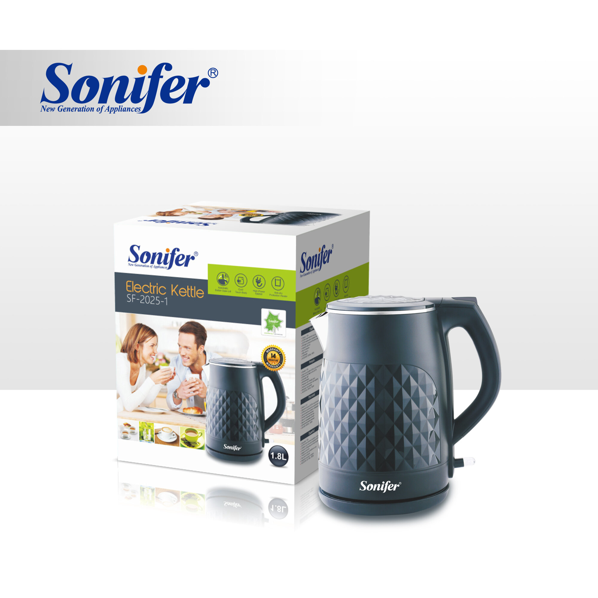 Чайник Sonifer SF-2025-1, металл/пластик, 1.8 л, блокировка без воды