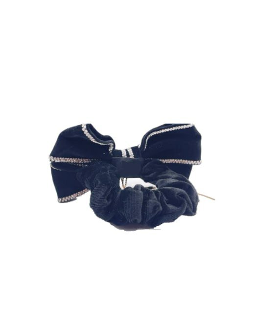 Резинка для волос с чёрным бархатом бантом и стразами — фото 1