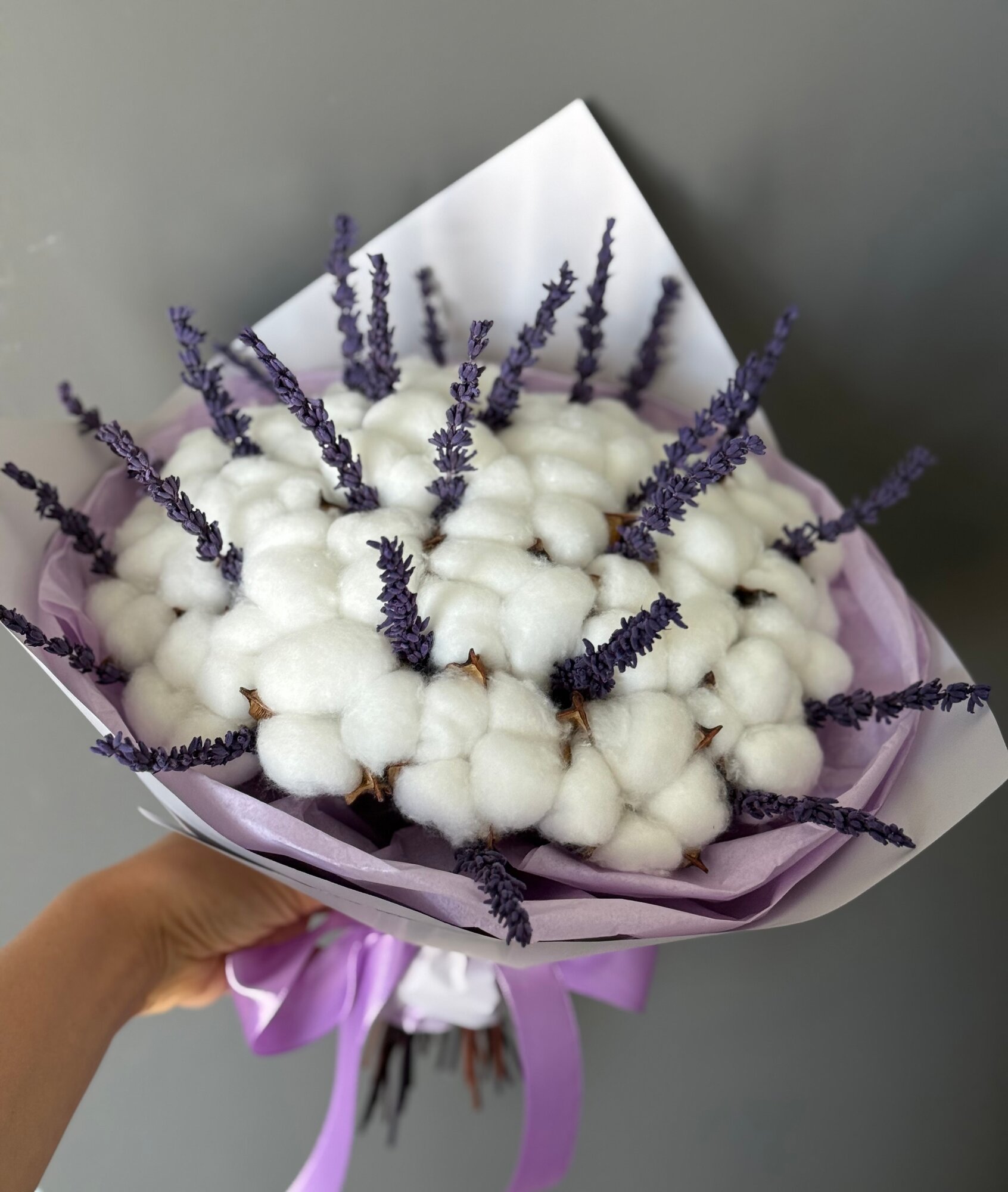 Букет с хлопком и лавандой Сиреневый туман L