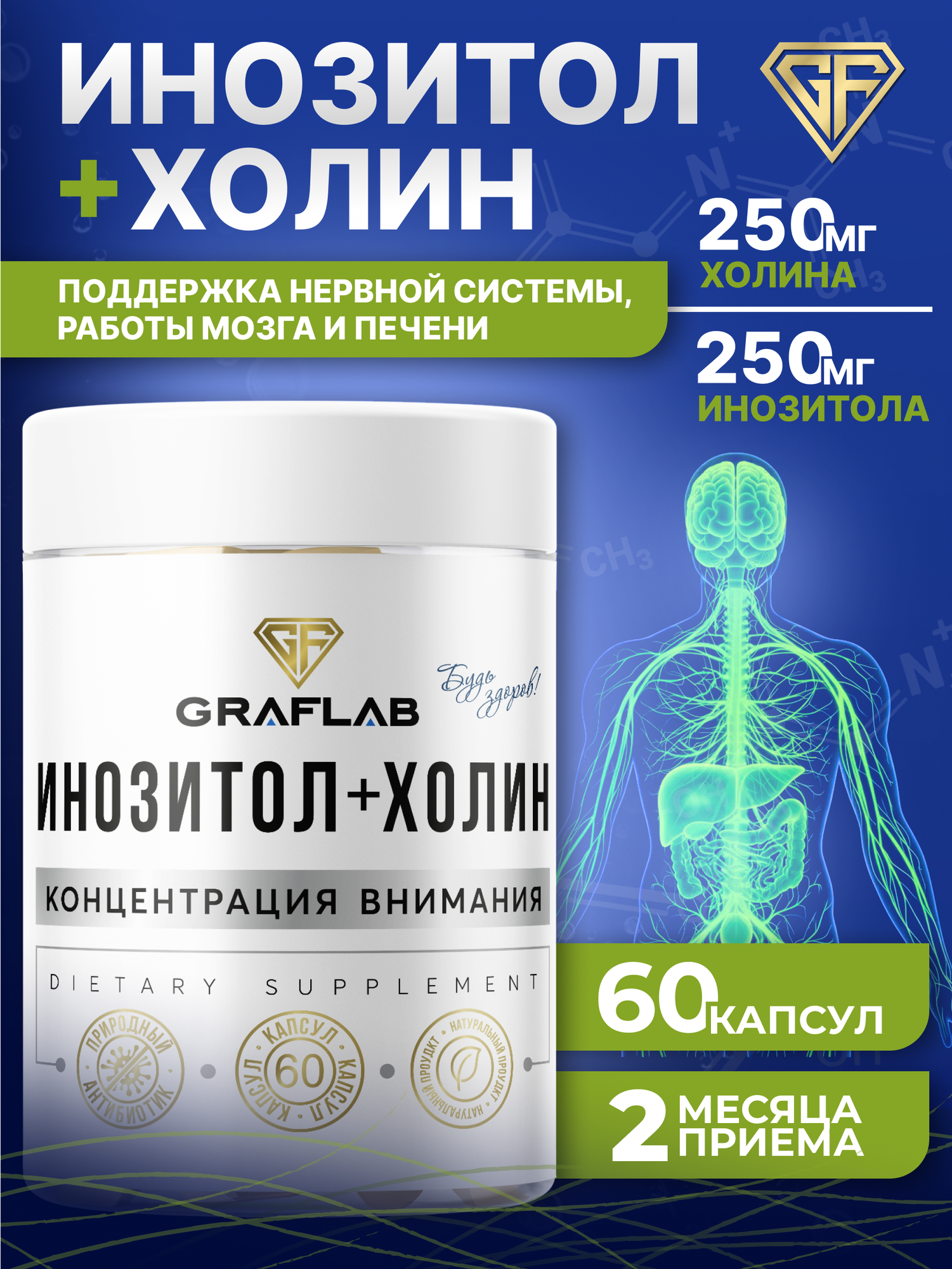 Инозитол с Холином GraFLab 500 мг, поддержка когнитивных функций, 60 капсул
