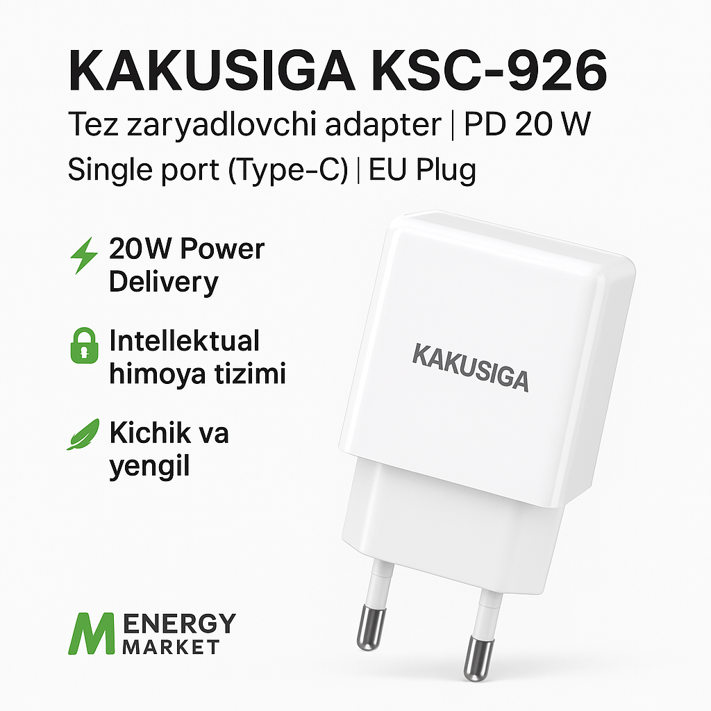 Адаптер для быстрой зарядки KAKUSIGA KSC-926 PD 20 Вт | Интеллектуальное зарядное устройство с одним портом | Вилка ЕU