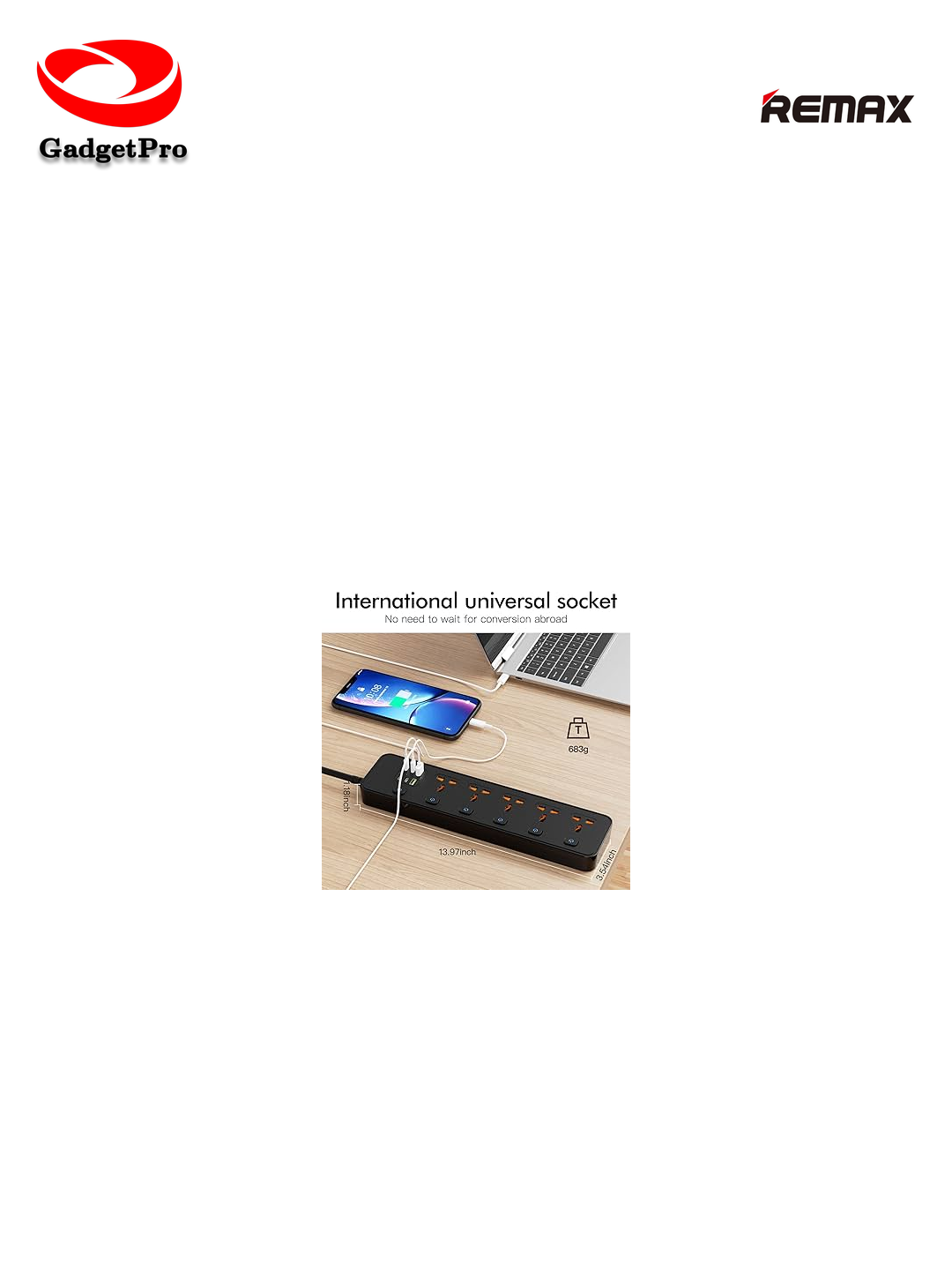 Сетевой фильтр Remax PC-3 (Power Strip) на 3 розетки, 2500W, защита от перенапряжения, современный дизайн.