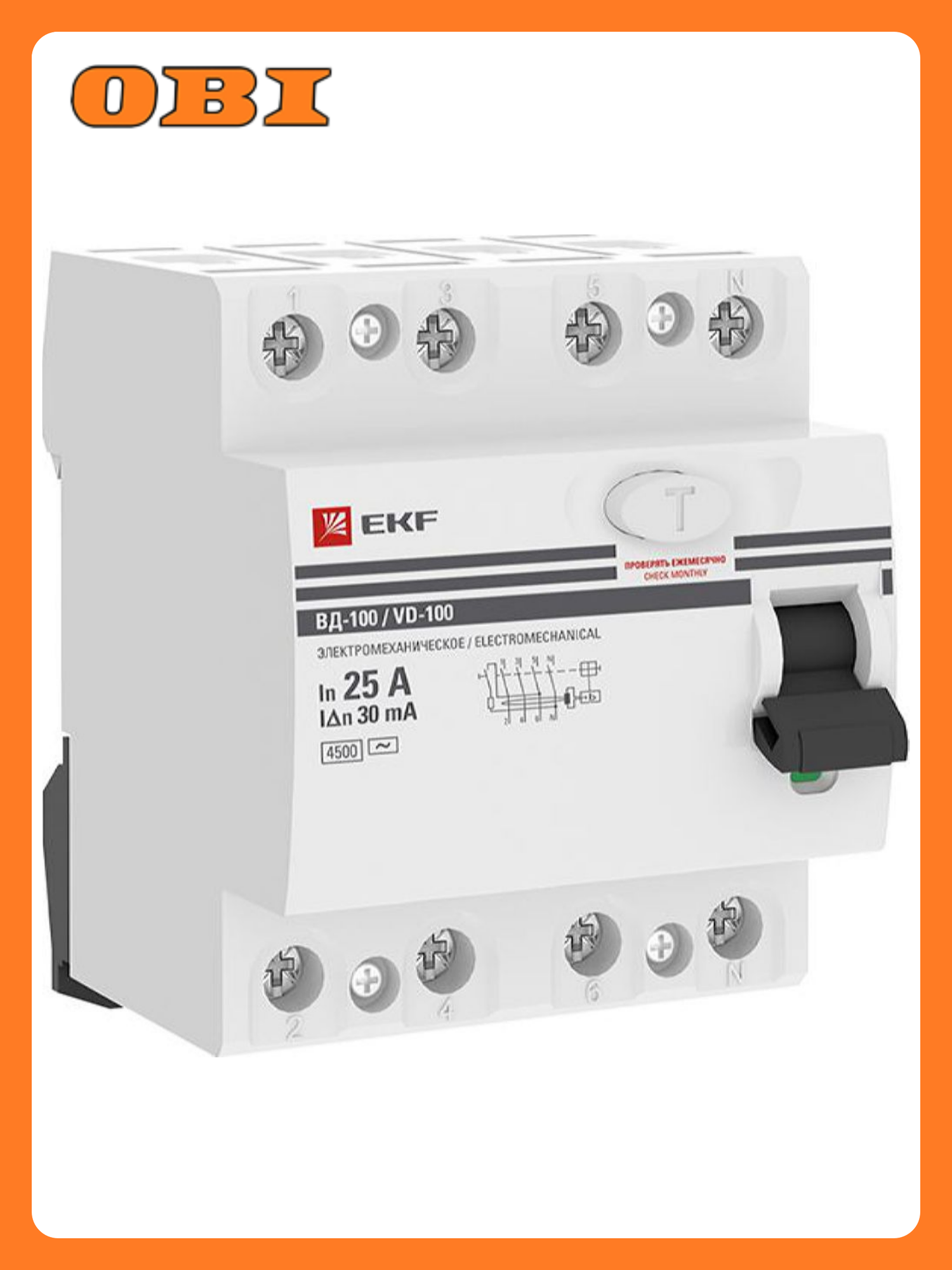 Дифференциальный выключатель EKF 4 полюса 25 А 30 мА 4 модуля IP20