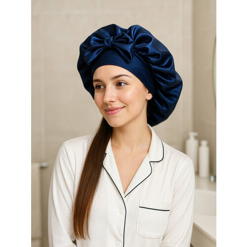 фото Шапочка wma store, атласная, шелковая, с бантом, синяя, универсальная, женская