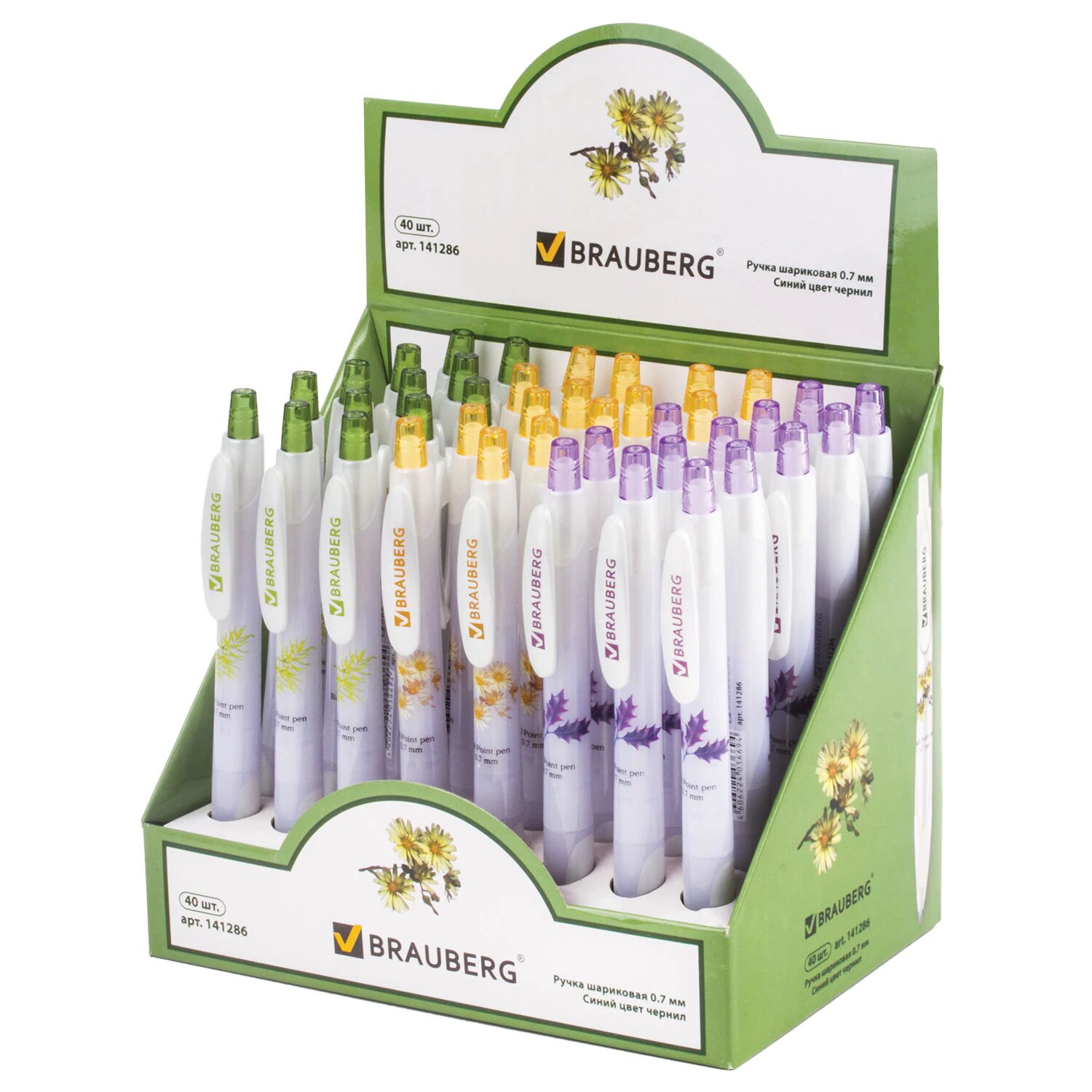 Ручка шариковая автоматическая с грипом BRAUBERG "Herb Time" синяя корпус ассорти узел 07 мм линия письма 035 мм 141286 40шт.