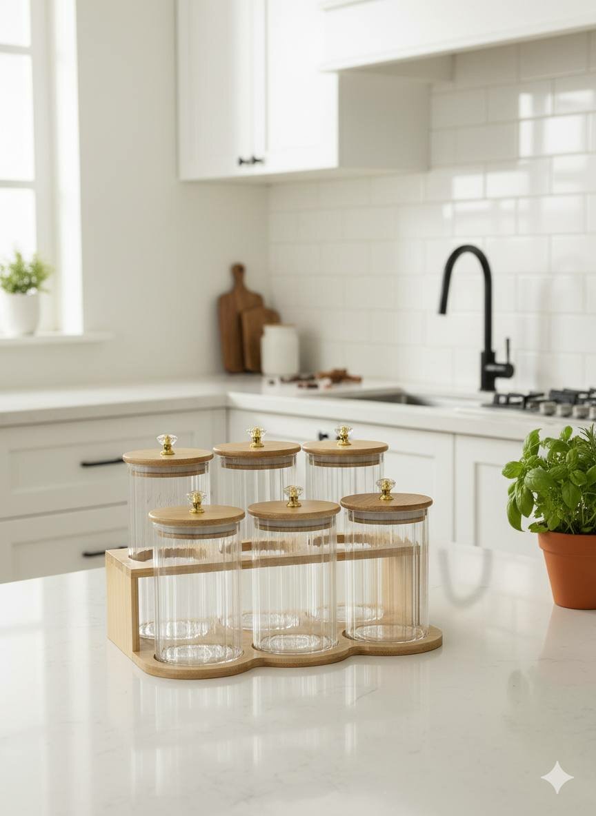 Набор стильных стеклянных банок на подставке и 6 штук разных размеров