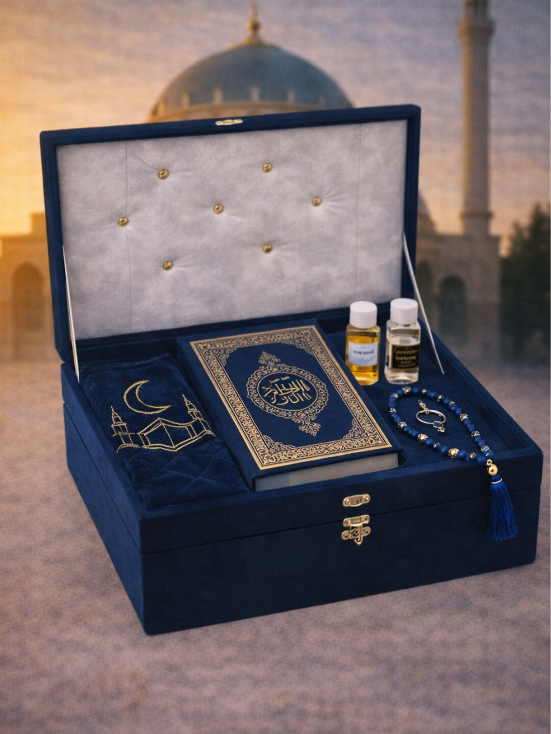Религиозный набор для молитвы арабский Коран, коврик для намаза, четки, зам зам, в подарочной коробке - Синий