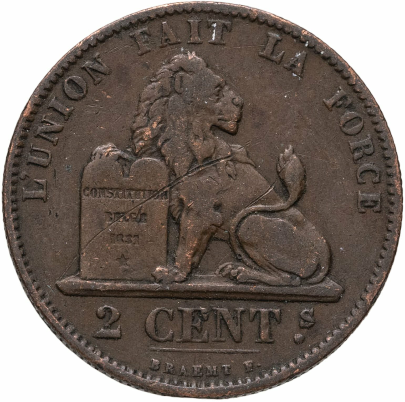 Бельгия 2 сантима centimes 1873 Надпись на французском - 'DES BELGES', Медь, в сохранности VF