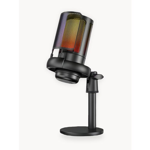 Игровой микрофон для компьютера черный конденсаторный микрофон студийный RGB с поп-фильтром и ветрозащитой 5485₽