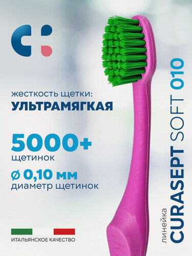 Изображение товара Зубная щетка ультрамягкая CURASEPT MAXI SOFT 010 при гиперчувствительности зубов и десен, Италия, розовый-зеленый