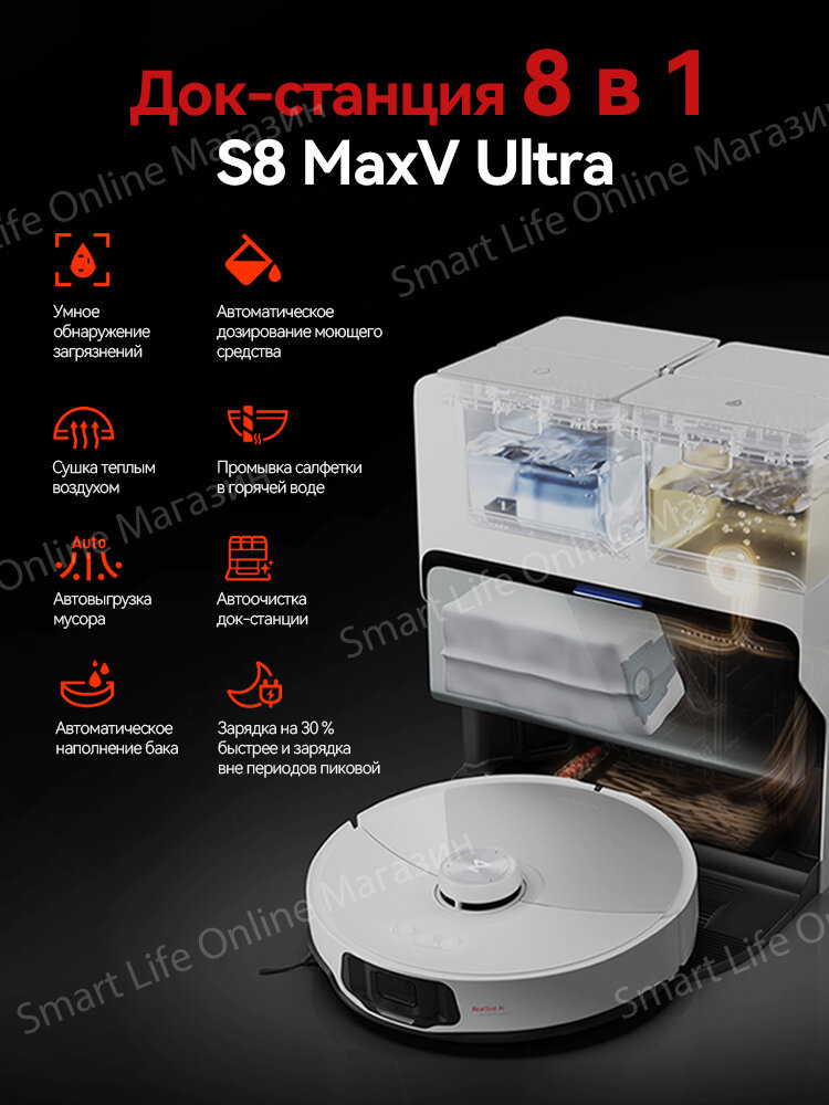 Робот-пылесос Roborock S8 MaxV uItra управление со смартфона влажная/сухая уборка , Белый (Русская версия) — фото 1