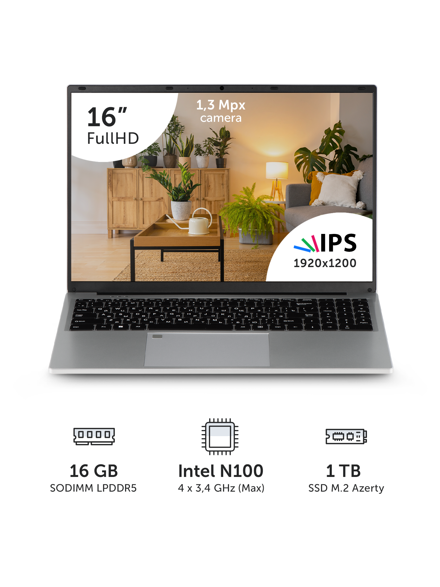 Ноутбук Azerty RB-1650 (16" IPS 1920x1200 Intel N100 4x0.8GHz, 16GB LPDDR5, 1TB SSD)