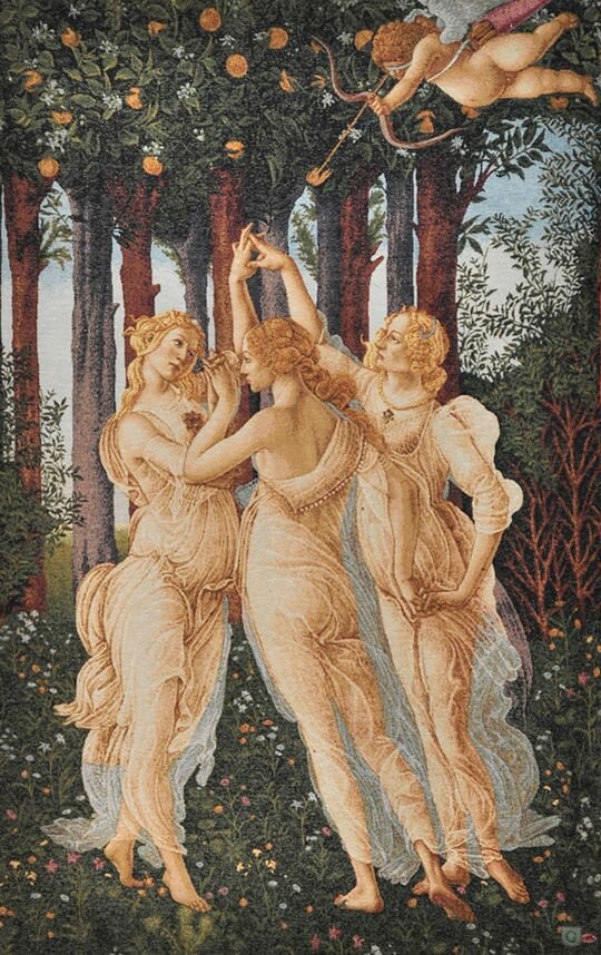 Средневековый гобелен Танцующие женщины в лесу 70x108 см края обработаны оверлоком. Для интерьера или подарка