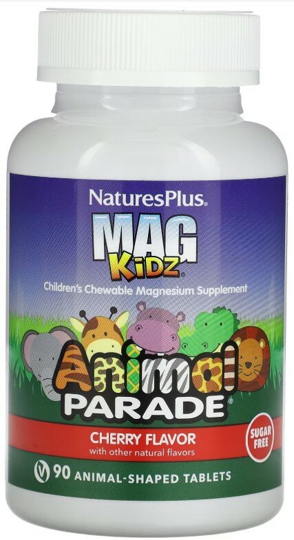 Картинки NaturesPlus, MagKidz, детский магний в жевательных таблетках, натуральный вишневый вкус, 90 таблеток в форме животных