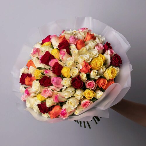 Изображение товара Букет из разноцветных роз 75 шт Высота 40 см в коробке и аквабоксе от "Простоцветы"