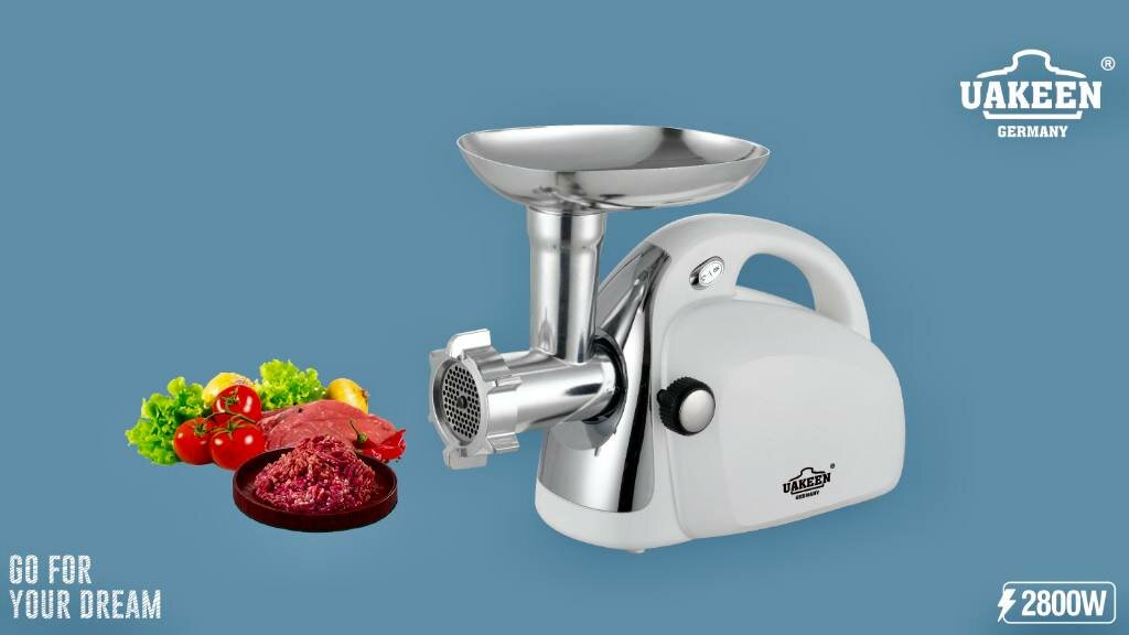 Мясорубка UAKEEN Germany ZL-614, мощность 2800 Вт, система реверса, насадки для колбас и фарша