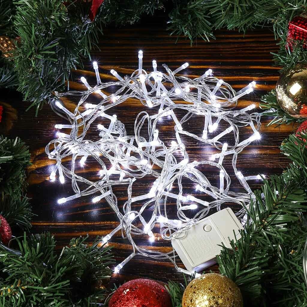Гирлянда КНР 100 ламп, 5 м, 8 режимов, холодный белый свет, прозрачная, сетевая, LED