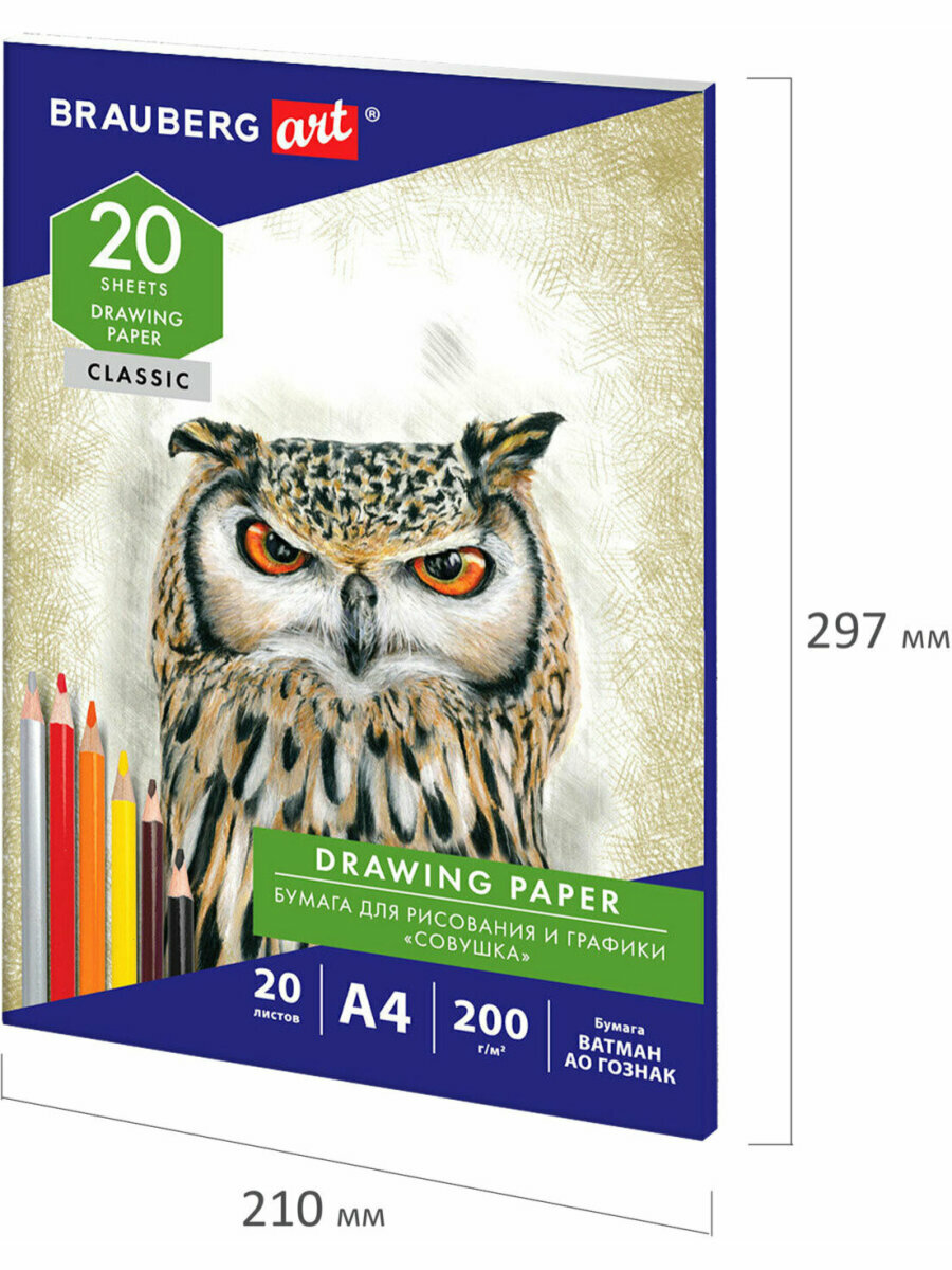 Бумага для рисования и графики в папке А4, 20 л, 200 г/м2, Ватман Гознак, Brauberg Art Classic, 114492 — фото 1