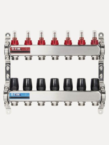Изображение товара Коллекторная группа 7 контуров с расходомерами 1" * 3/4" E, нерж. сталь, TIM, KDS5007