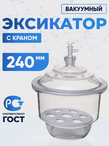 Изображение товара Эксикатор вакуумный с краном 1-240 мм с керамической вставкой, светлое стекло, 7,5 литра, Лаборио