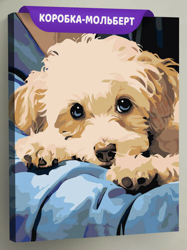 Изображение товара Картина по номерам на холсте с подрамником "Собаки: бежевый щенок мальтипу на кровати" Раскраска 40x50 см, Животные