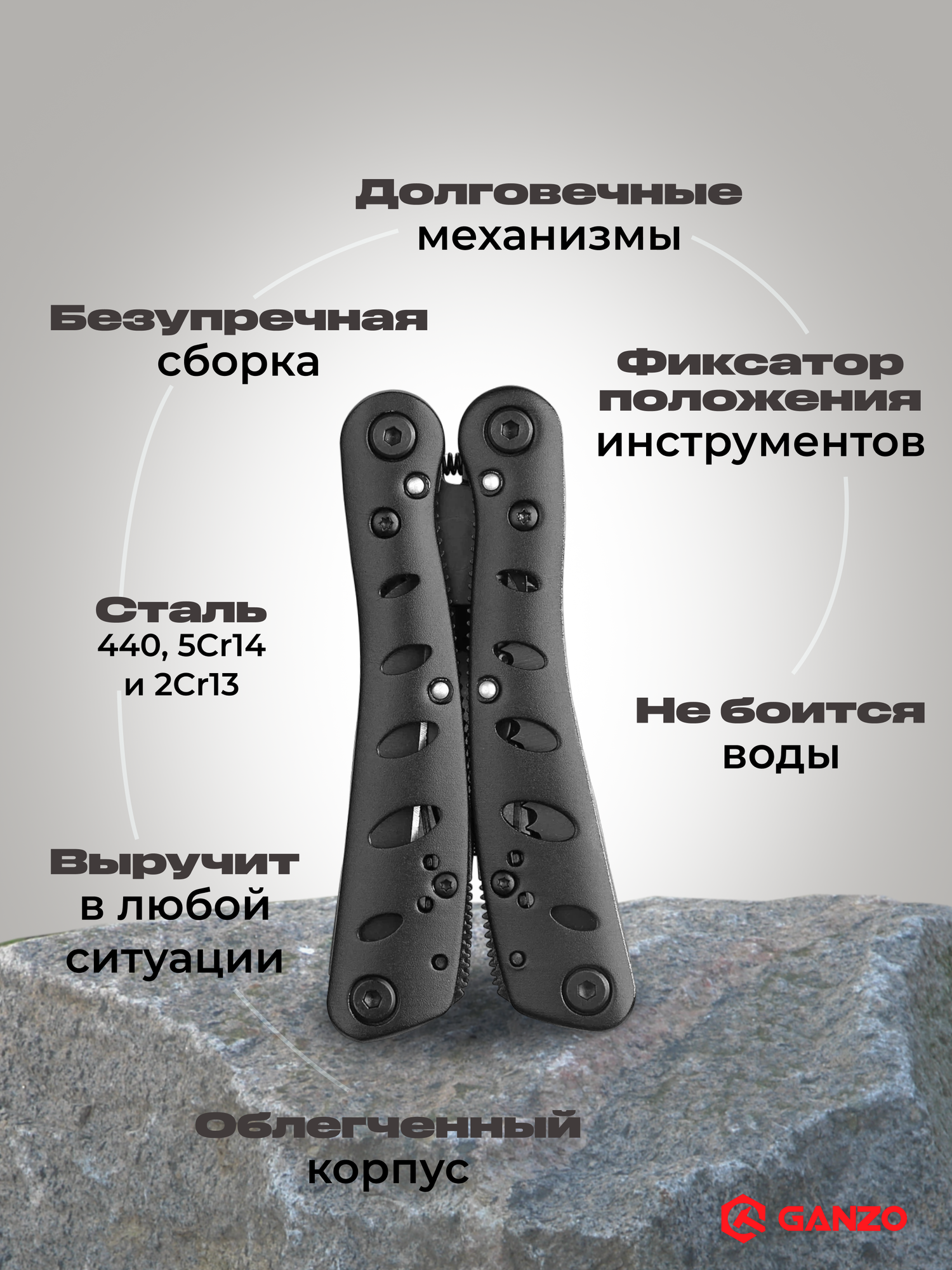 Мультитул Ganzo EDC G205-B, многофункциональный, 22 в 1, сталь 440C, 250 г, черный — фото 1