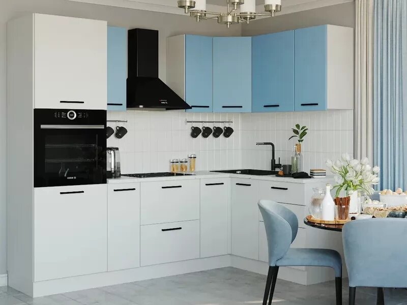 Кухонный гарнитур Sanvut угловой Капри-2400х1600 МДФ столешница 26 мм, каркас ЛДСП, фасад МДФ, Белый/Рио/Жемчуг