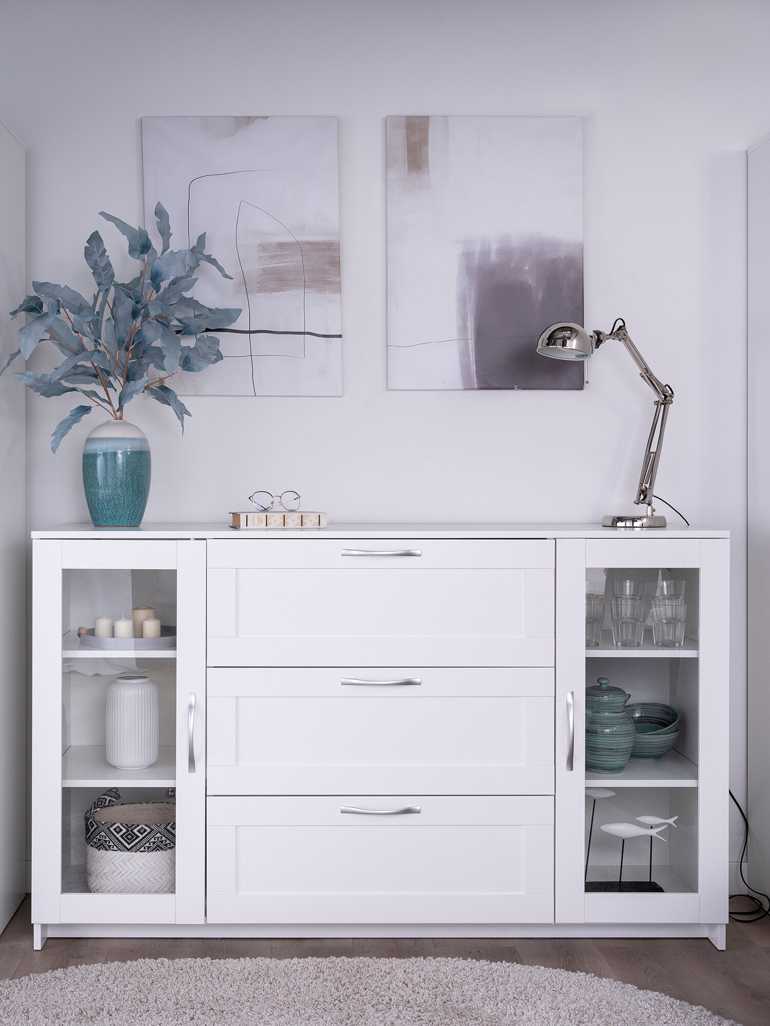 Тумба ГУД лакк Сириус, 2 двери со стеклом и 3 ящика, 156х41х95 см, белая